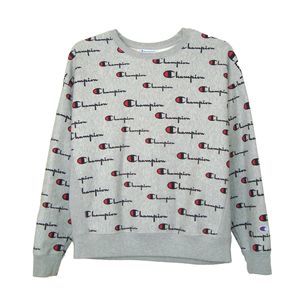 Champion Gray Reverse Weave Allover Logo Print Crew Neck Sweatshirt Size XL